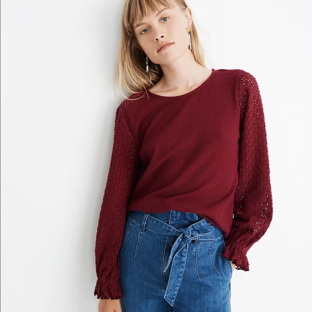 Madewell texture and thread eyelet mix ruffle sleeve top